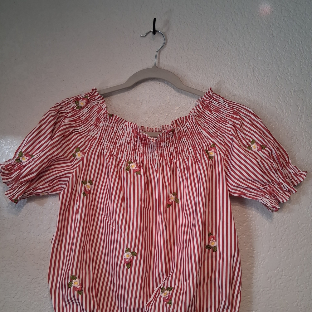 Red Striped Women's Blouse with Floral Embroidery